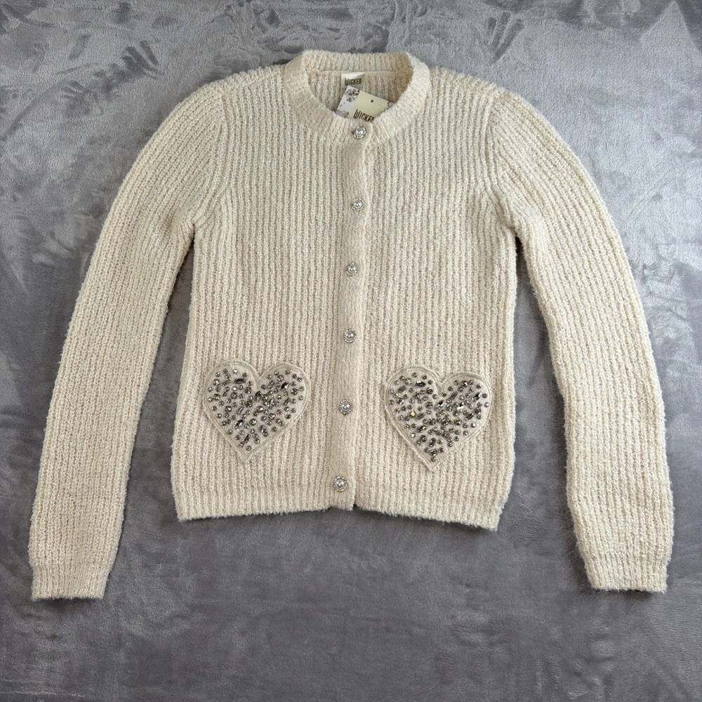 Wicked x Katie Kime Target Women's XXS Cream Jeweled Heart Cardigan NWT
